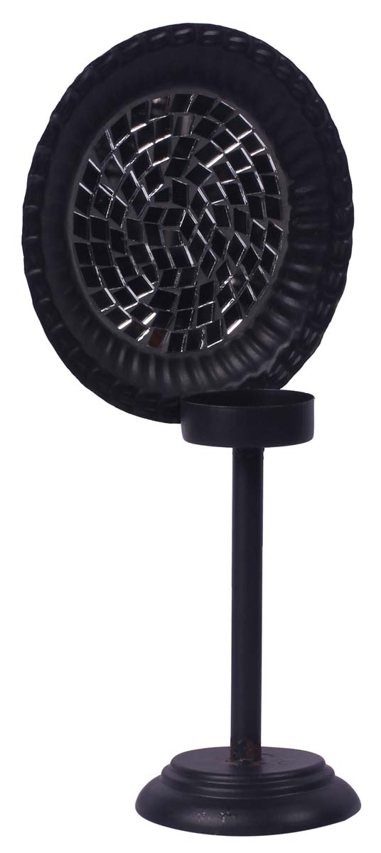 9.5” Tall Tea-Light Holder in Iron with Mirror-Work - Black - Mosaic Art Decor from India - Buy in Bulk Wholesale